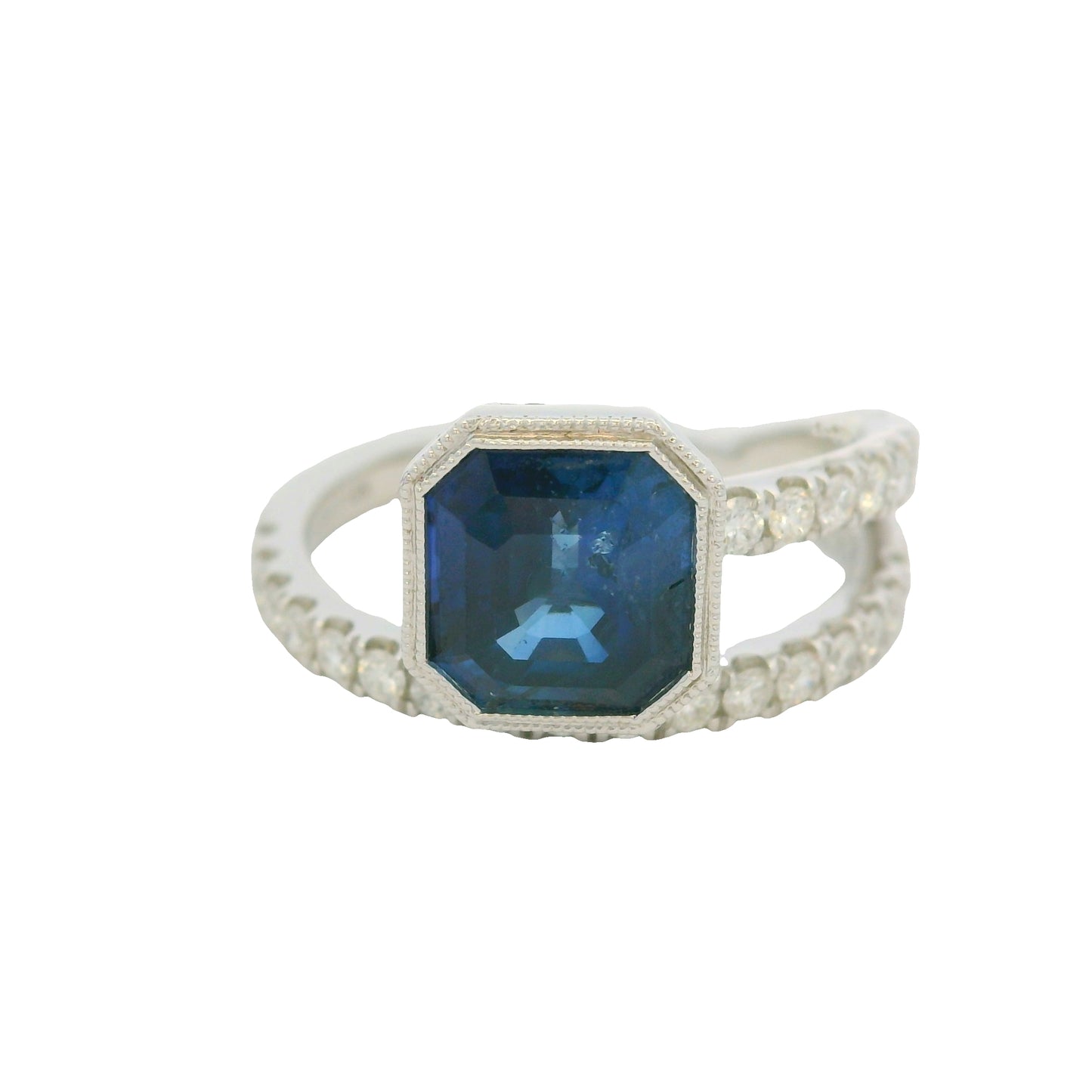 GIA 18K White Gold Natural Sapphire& Diamond Bezel Set Wrap Around Ring