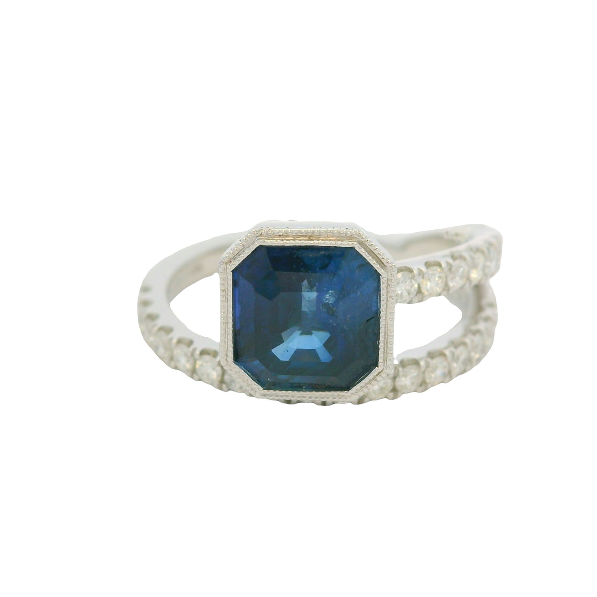 GIA 18K White Gold Natural Sapphire& Diamond Bezel Set Wrap Around Ring