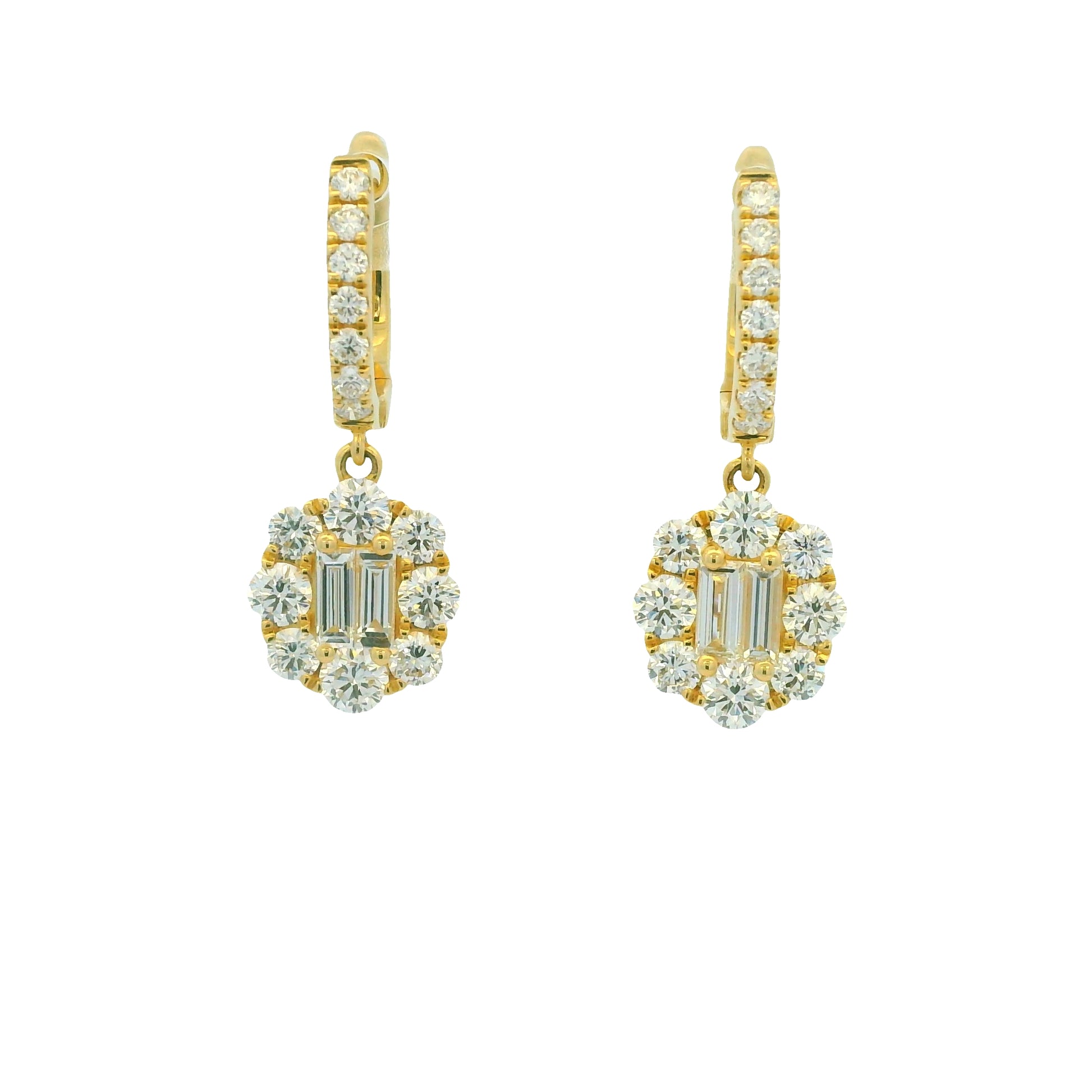 18K Yellow Gold Natural Baguette& Round Diamonds Huggie Hoop Drop Earrings
