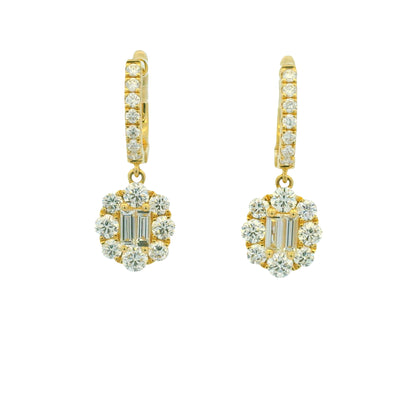 18K Yellow Gold Natural Baguette& Round Diamonds Huggie Hoop Drop Earrings