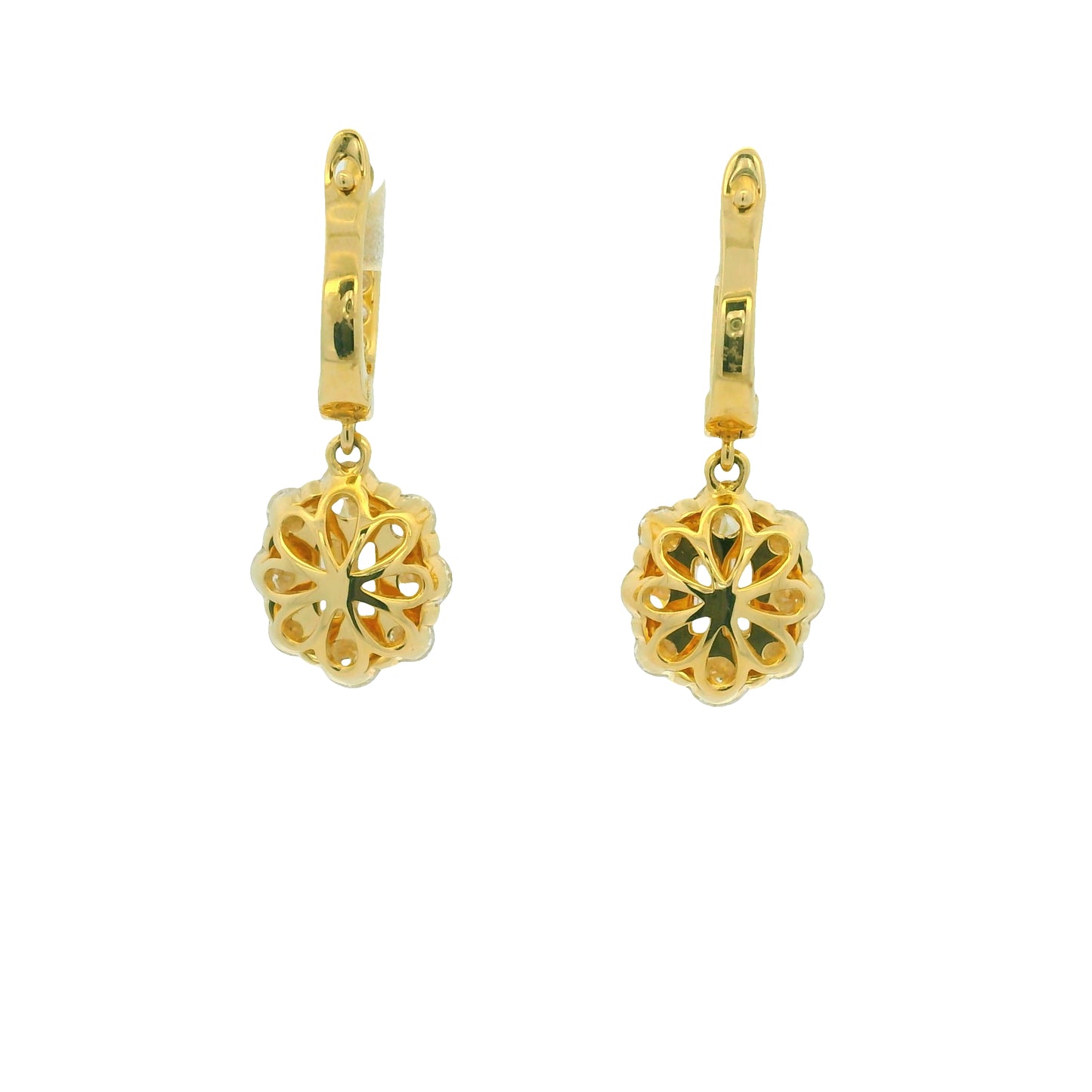 18K Yellow Gold Natural Baguette& Round Diamonds Huggie Hoop Drop Earrings