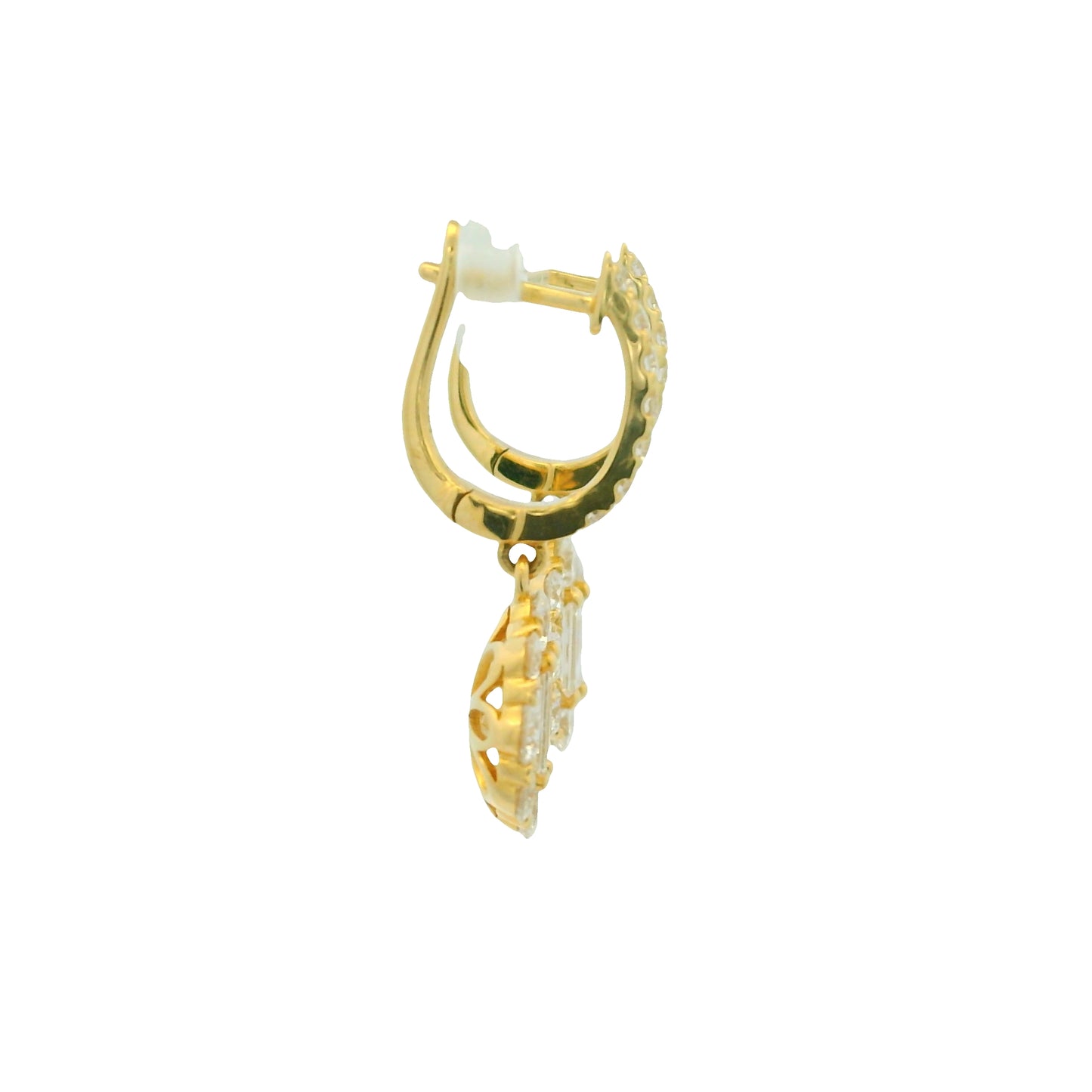 18K Yellow Gold Natural Baguette& Round Diamonds Huggie Hoop Drop Earrings