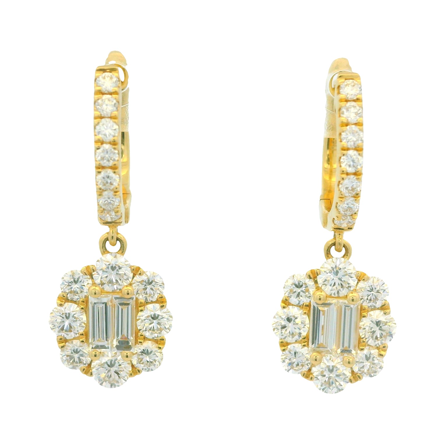 18K Yellow Gold Natural Baguette& Round Diamonds Huggie Hoop Drop Earrings