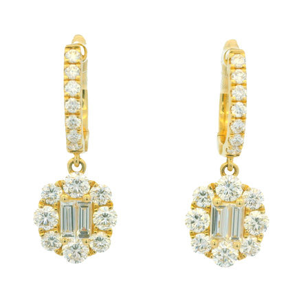 18K Yellow Gold Natural Baguette& Round Diamonds Huggie Hoop Drop Earrings