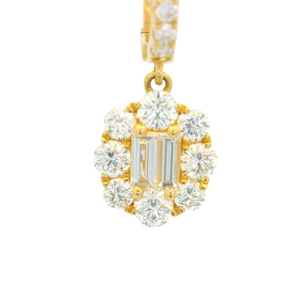 18K Yellow Gold Natural Baguette& Round Diamonds Huggie Hoop Drop Earrings