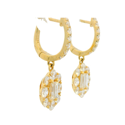 18K Yellow Gold Natural Baguette& Round Diamonds Huggie Hoop Drop Earrings