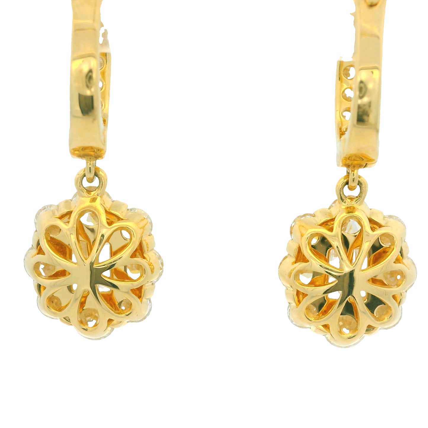 18K Yellow Gold Natural Baguette& Round Diamonds Huggie Hoop Drop Earrings