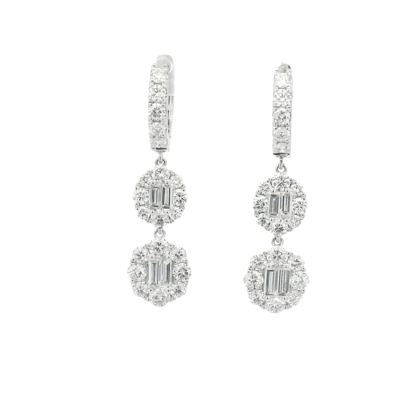 18K White Gold Natural Baguette& Round Diamonds Drop Earrings