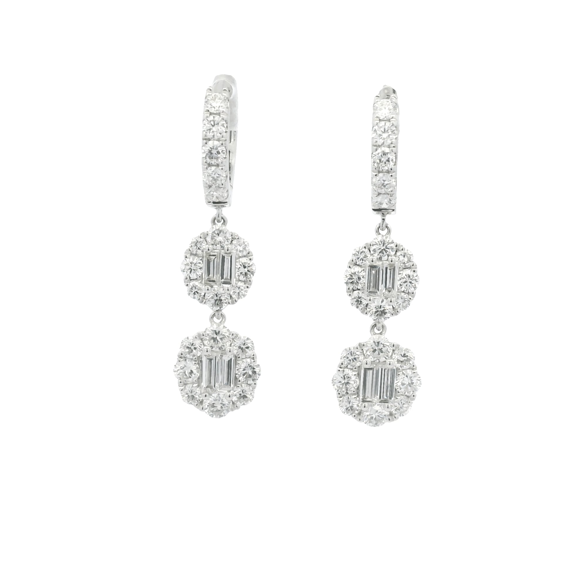 18K White Gold Natural Baguette& Round Diamonds Drop Earrings
