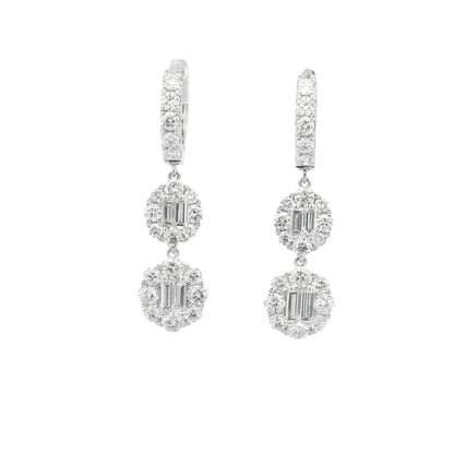 18K White Gold Natural Baguette& Round Diamonds Drop Earrings