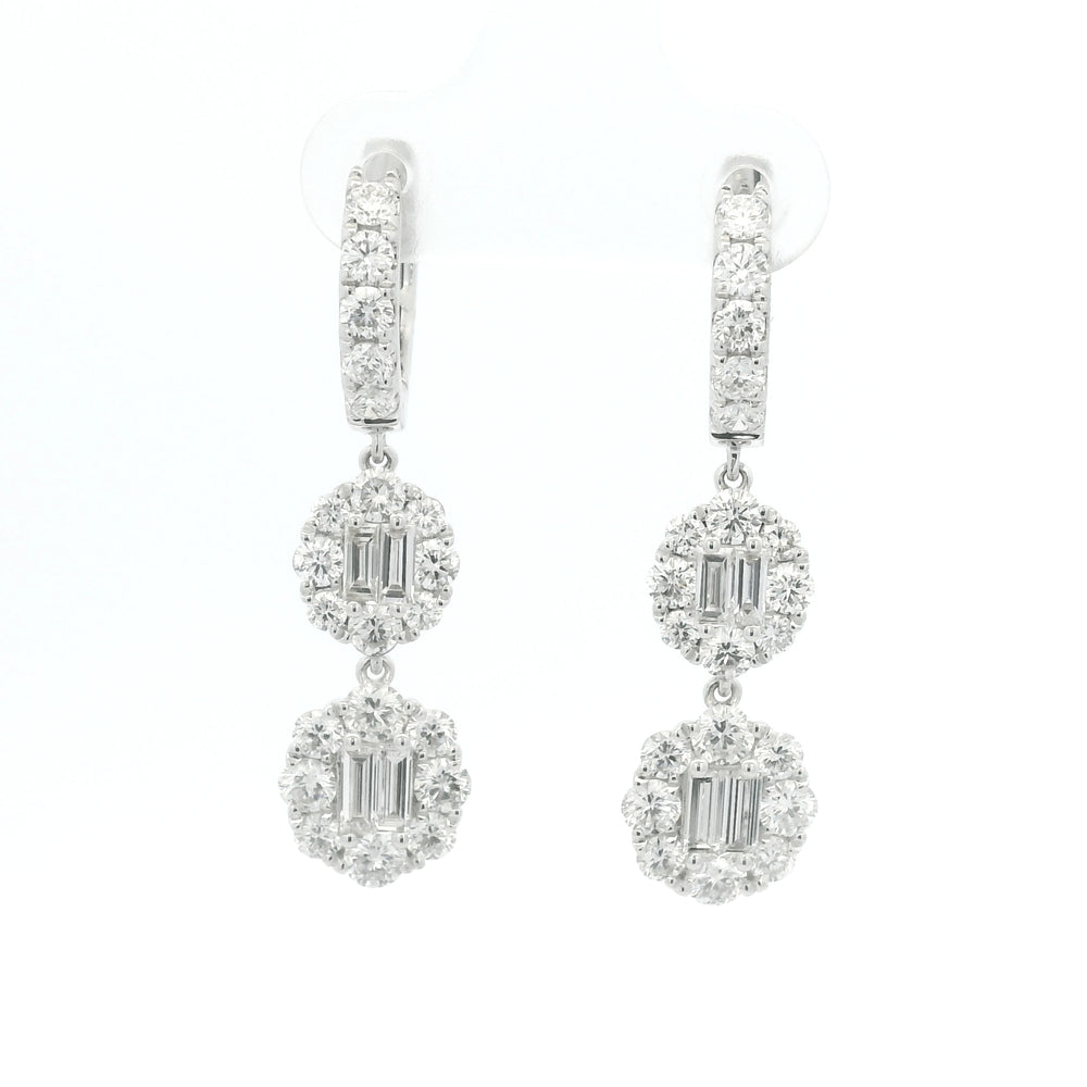 18K White Gold Natural Baguette& Round Diamonds Drop Earrings