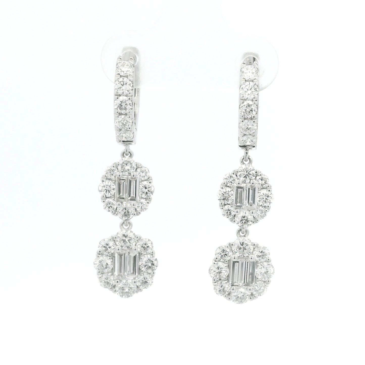 18K White Gold Natural Baguette& Round Diamonds Drop Earrings