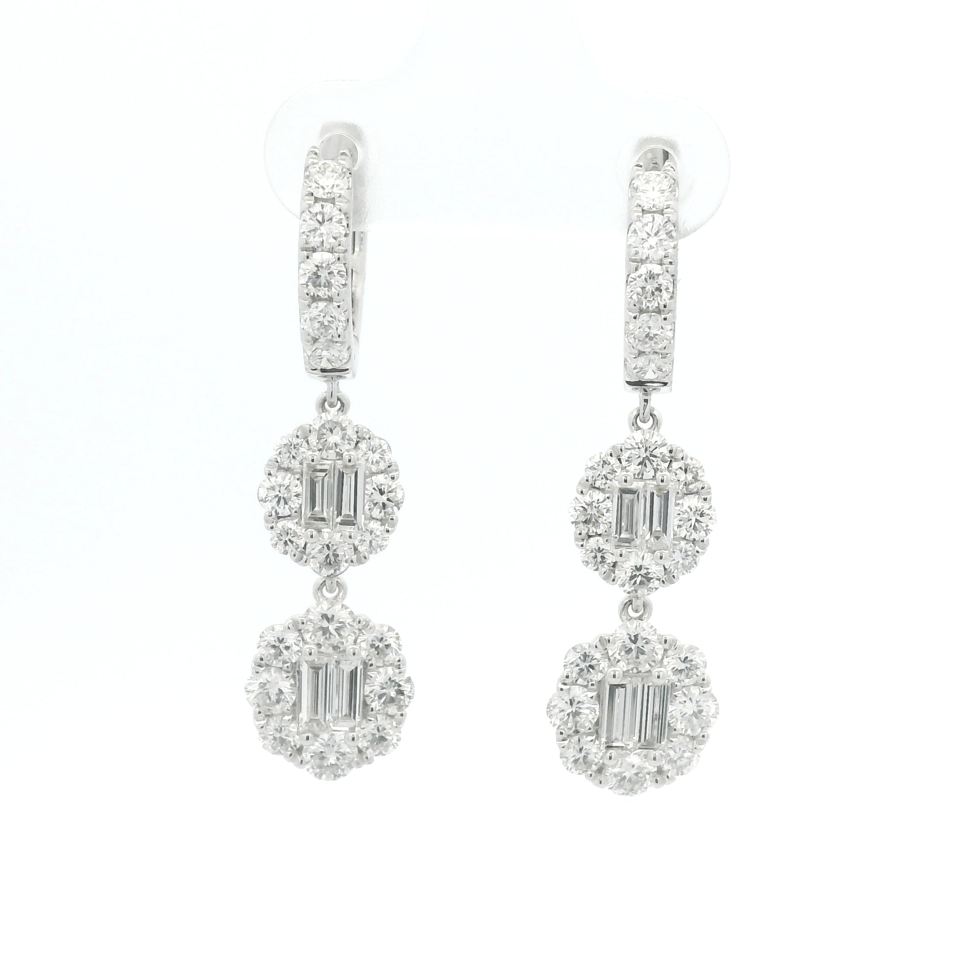 18K White Gold Natural Baguette& Round Diamonds Drop Earrings