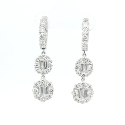 18K White Gold Natural Baguette& Round Diamonds Drop Earrings