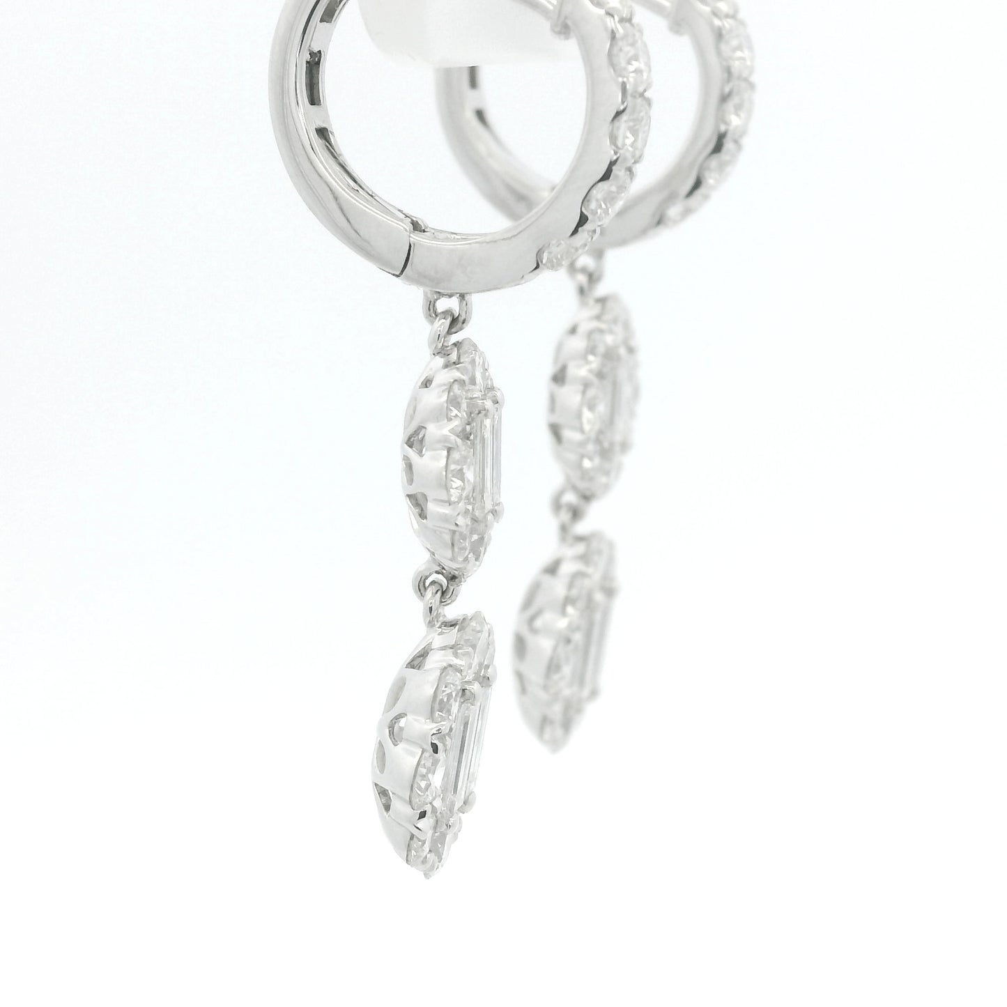 18K White Gold Natural Baguette& Round Diamonds Drop Earrings