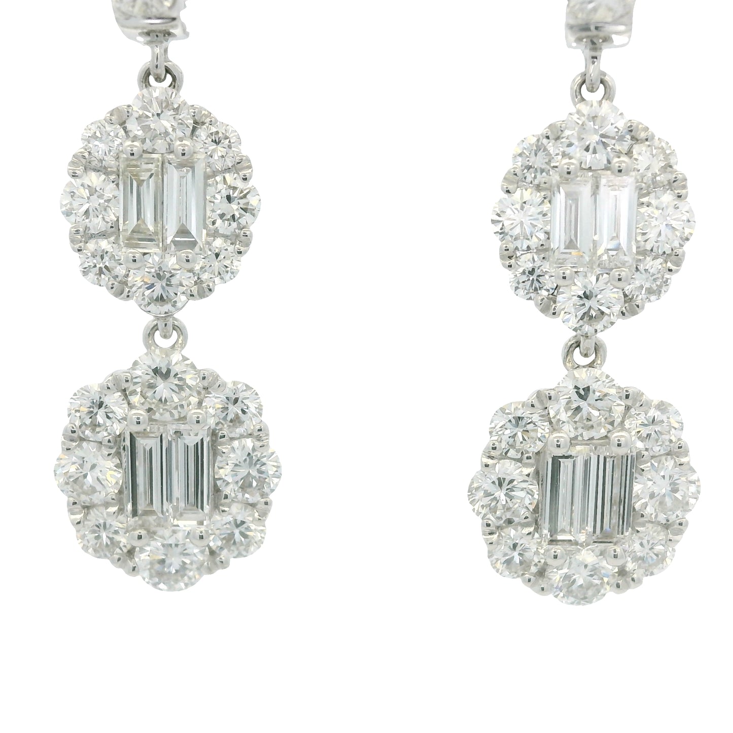 18K White Gold Natural Baguette& Round Diamonds Drop Earrings