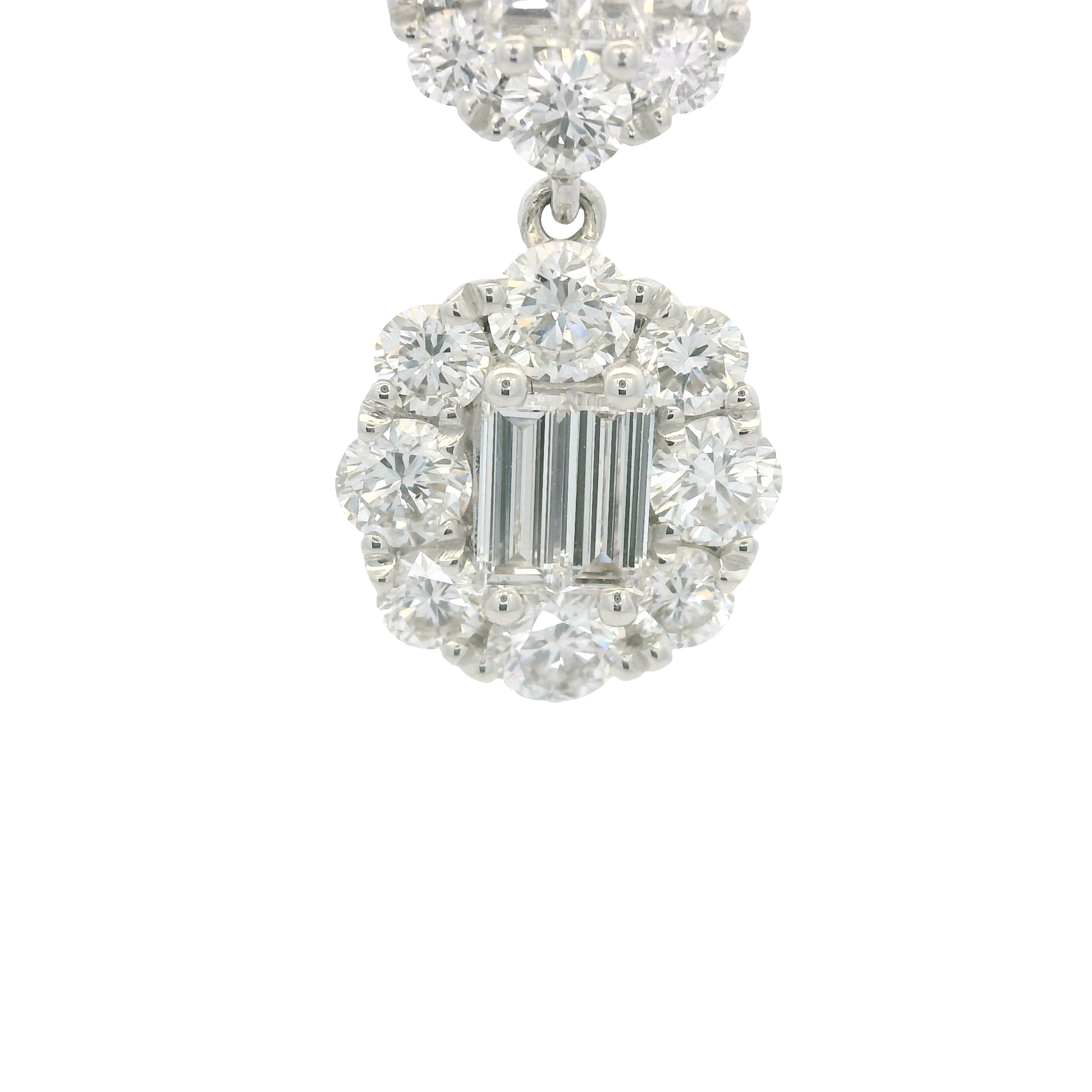 18K White Gold Natural Baguette& Round Diamonds Drop Earrings