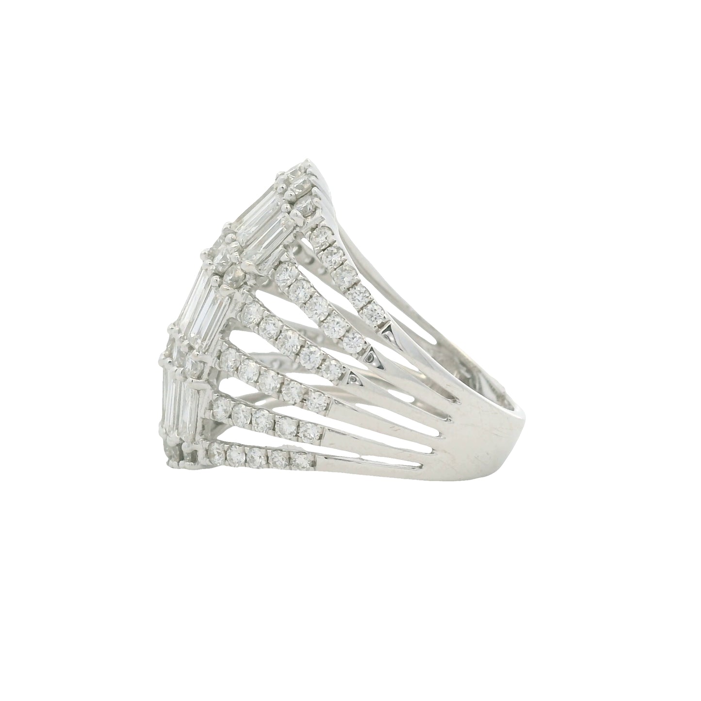 18K White Gold Natural Baguette& Round Brilliant Cut Diamond Dome Ring
