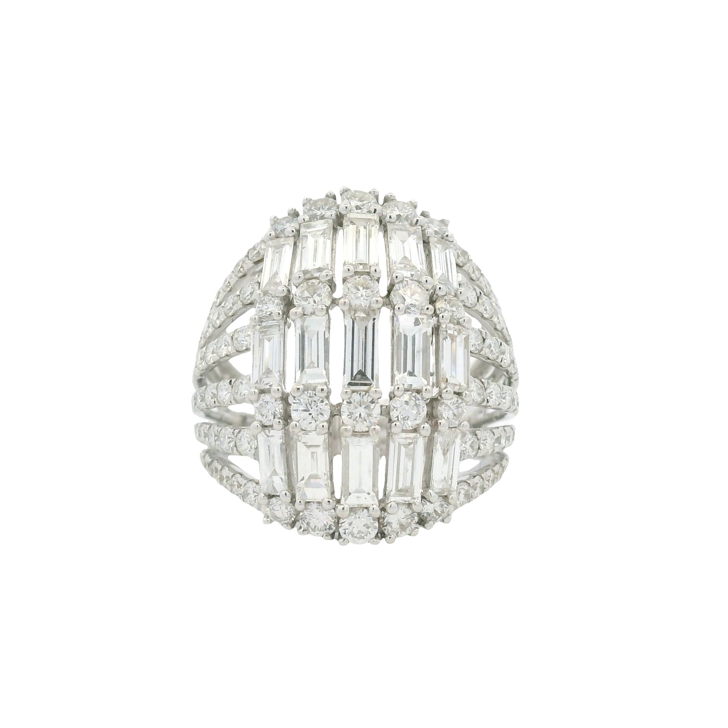 18K White Gold Natural Baguette& Round Brilliant Cut Diamond Dome Ring
