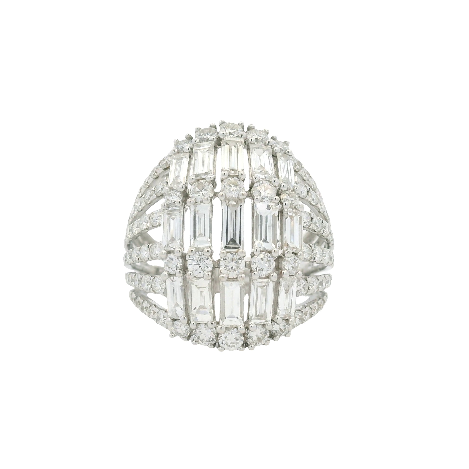 18K White Gold Natural Baguette& Round Brilliant Cut Diamond Dome Ring

