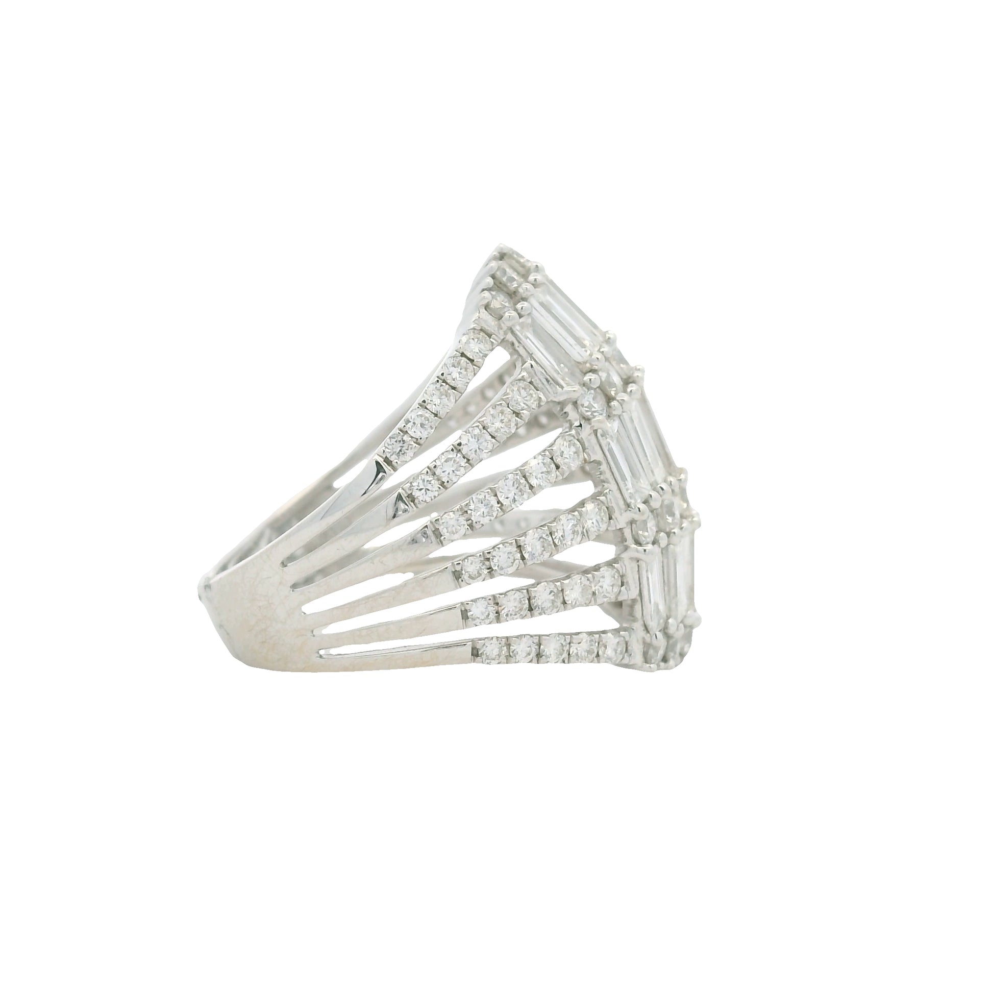 18K White Gold Natural Baguette& Round Brilliant Cut Diamond Dome Ring

