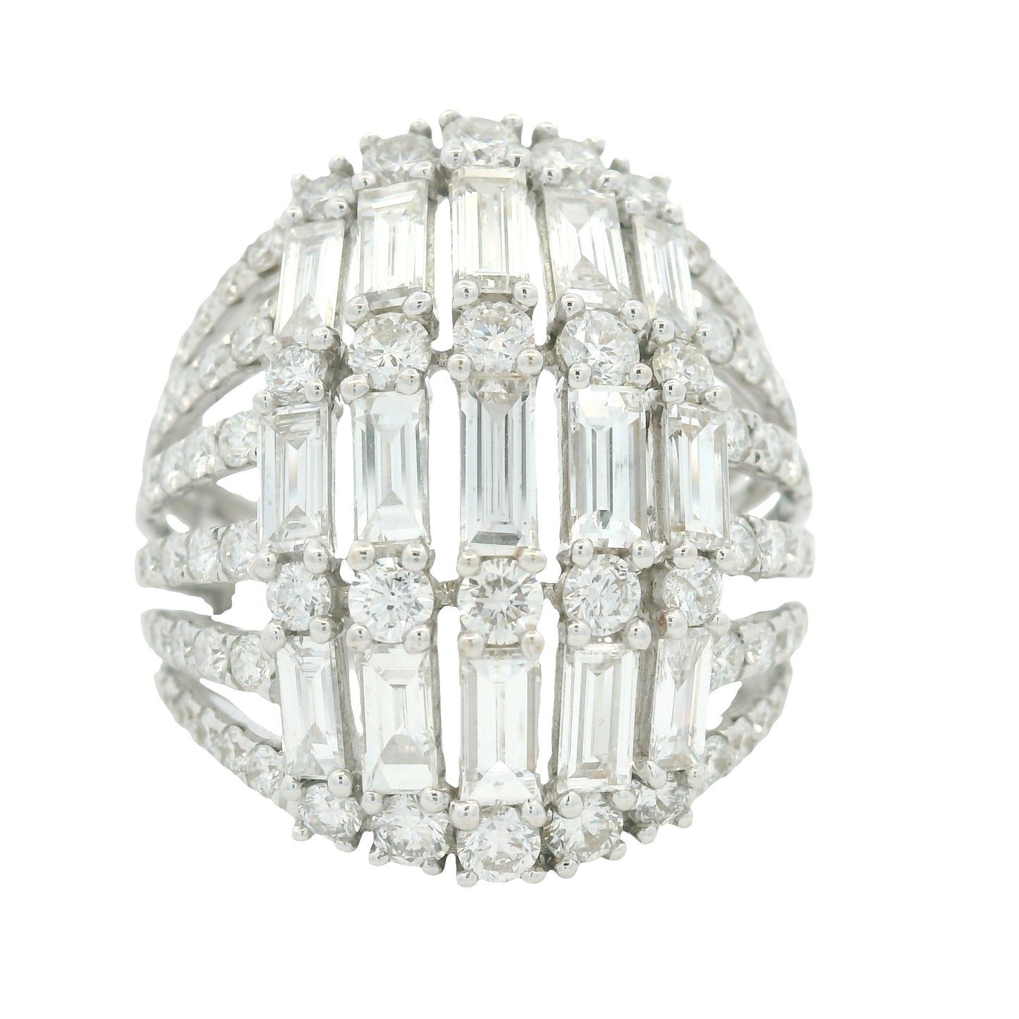 18K White Gold Natural Baguette& Round Brilliant Cut Diamond Dome Ring
