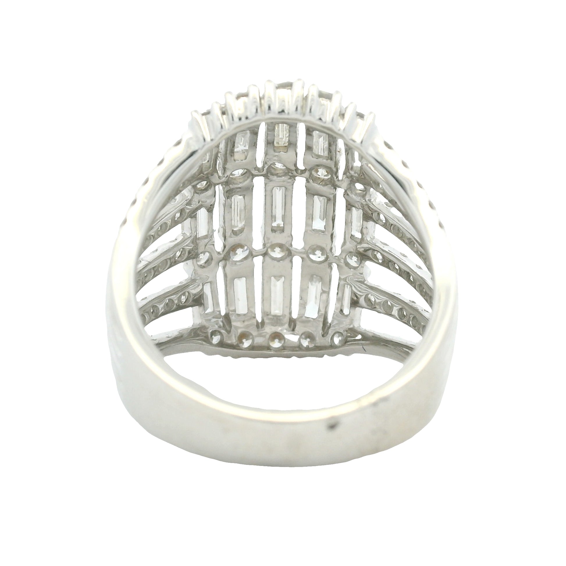 18K White Gold Natural Baguette& Round Brilliant Cut Diamond Dome Ring
