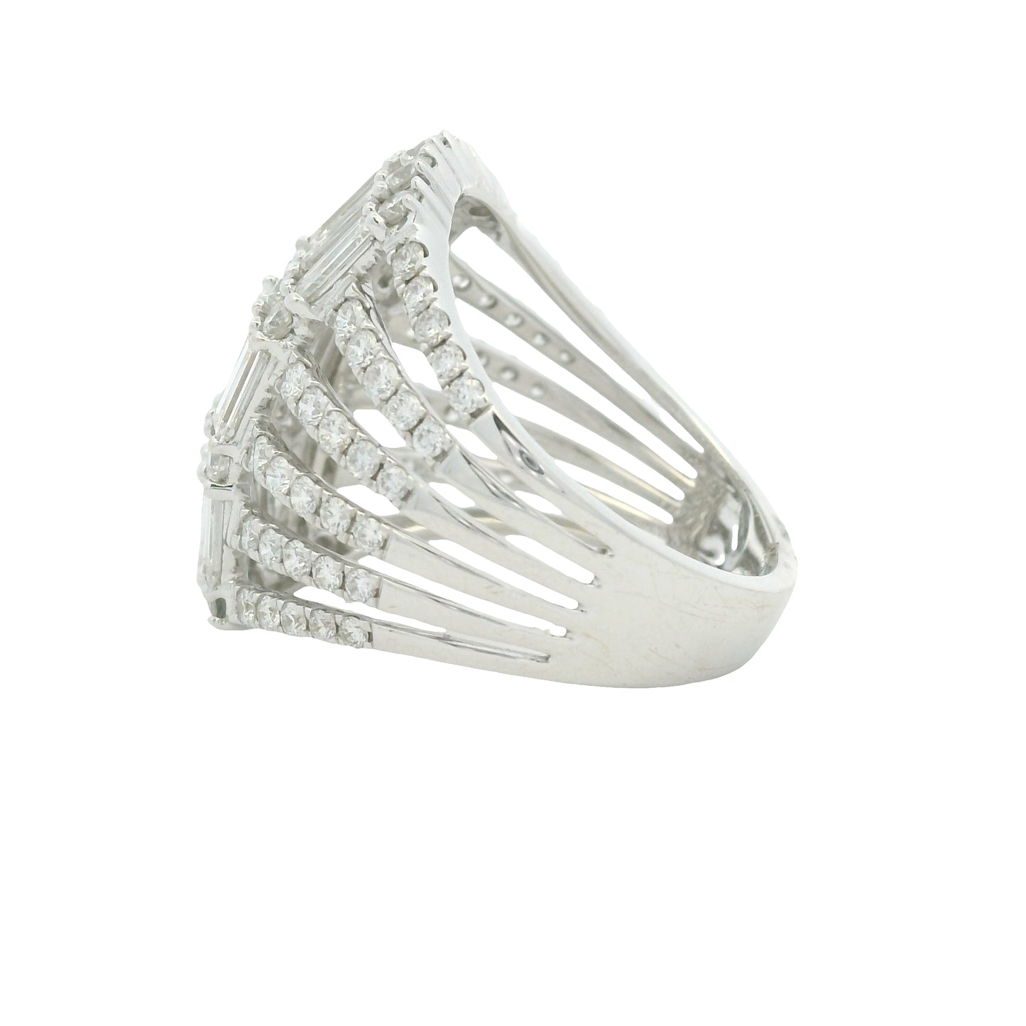 18K White Gold Natural Baguette& Round Brilliant Cut Diamond Dome Ring
