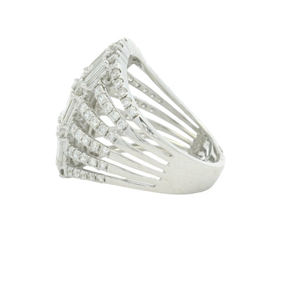 18K White Gold Natural Baguette& Round Brilliant Cut Diamond Dome Ring
