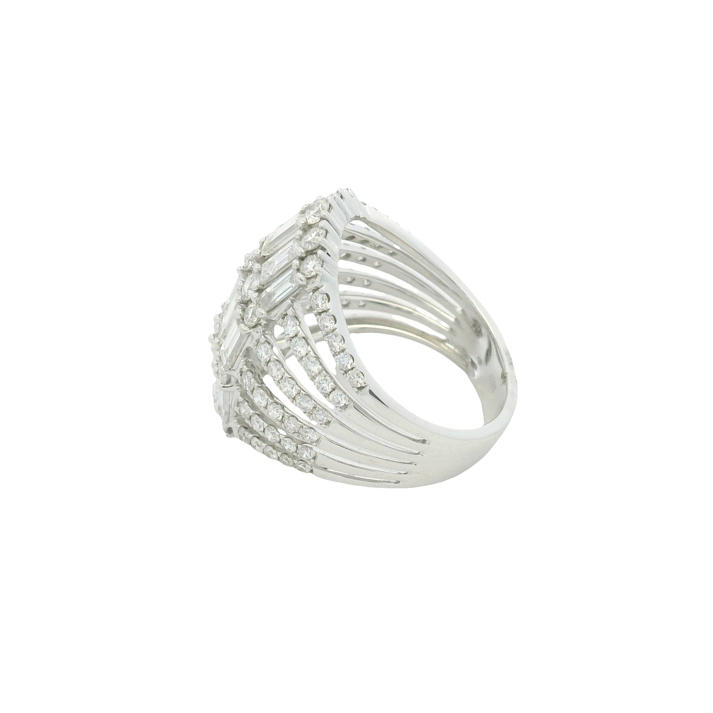 18K White Gold Natural Baguette& Round Brilliant Cut Diamond Dome Ring
