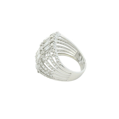 18K White Gold Natural Baguette& Round Brilliant Cut Diamond Dome Ring
