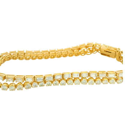 18K Yellow Gold Natural Emerald Cut & Round Diamond Double Tennis Bracelet
