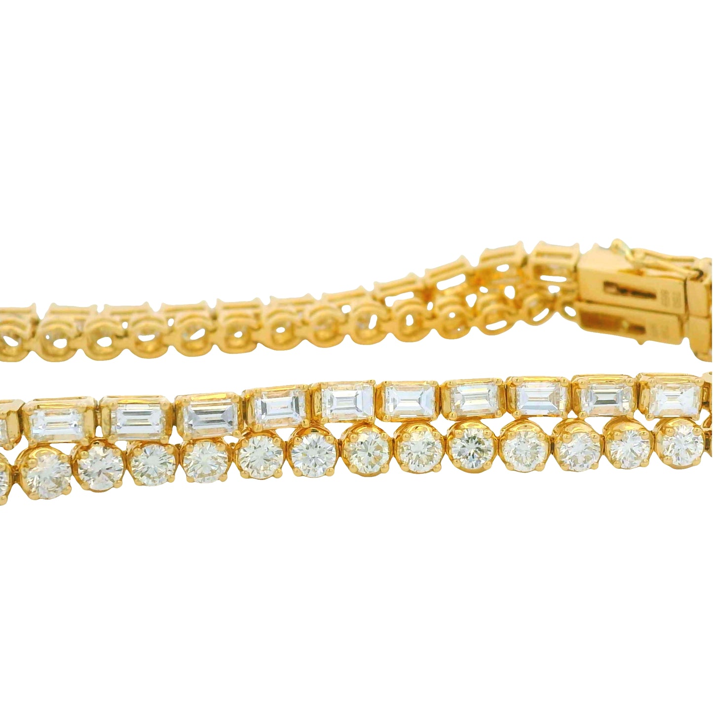 18K Yellow Gold Natural Emerald Cut & Round Diamond Double Tennis Bracelet