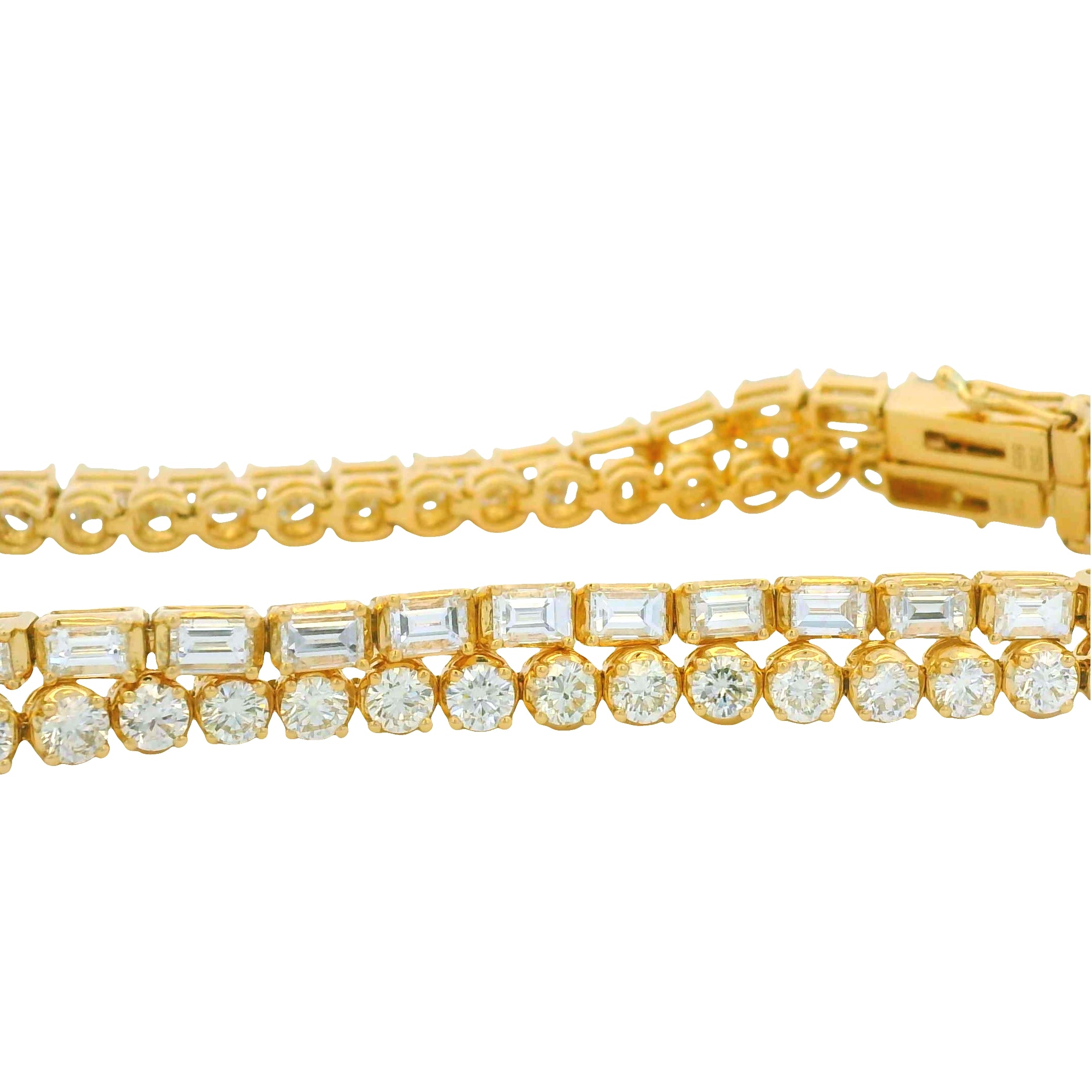18K Yellow Gold Natural Emerald Cut & Round Diamond Double Tennis Bracelet