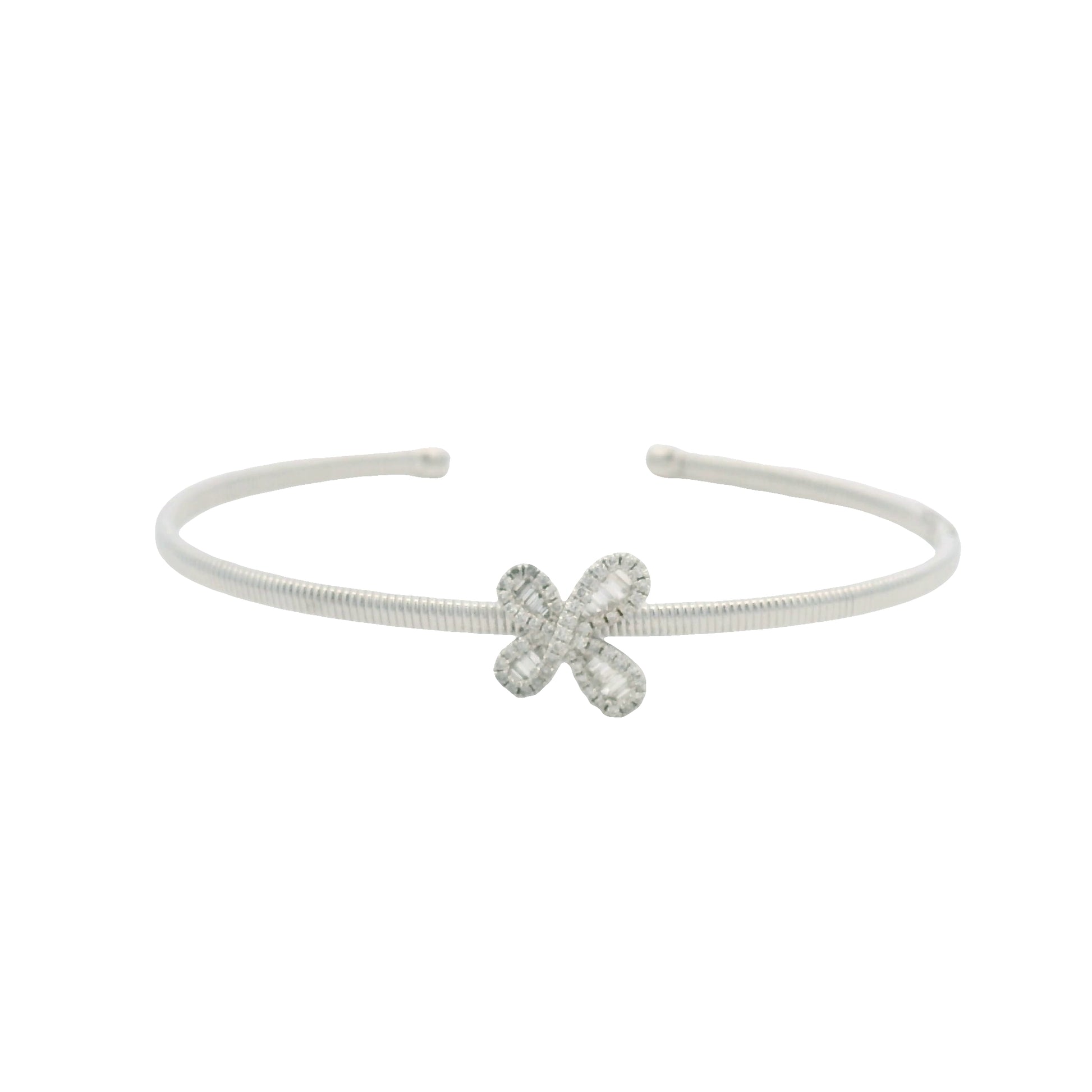 18K White Gold Natural Baguette& Round Diamonds Narrow Flower Cuff Bracelet