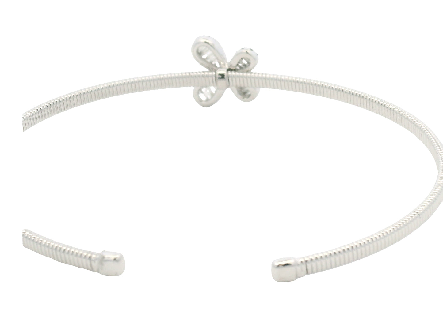 18K White Gold Natural Baguette& Round Diamonds Narrow Flower Cuff Bracelet