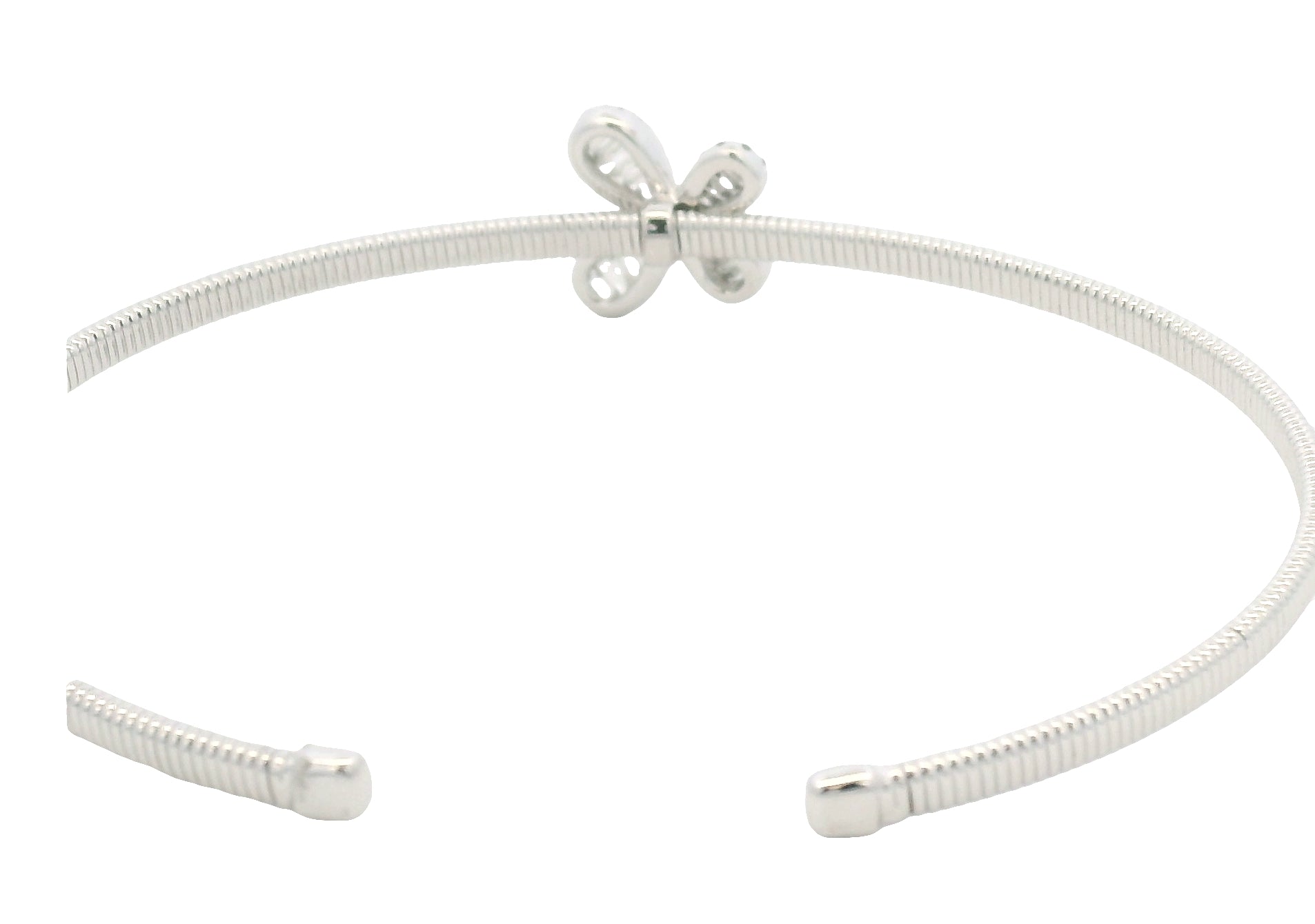 18K White Gold Natural Baguette& Round Diamonds Narrow Flower Cuff Bracelet
