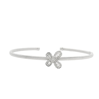 18K White Gold Natural Baguette& Round Diamonds Narrow Flower Cuff Bracelet