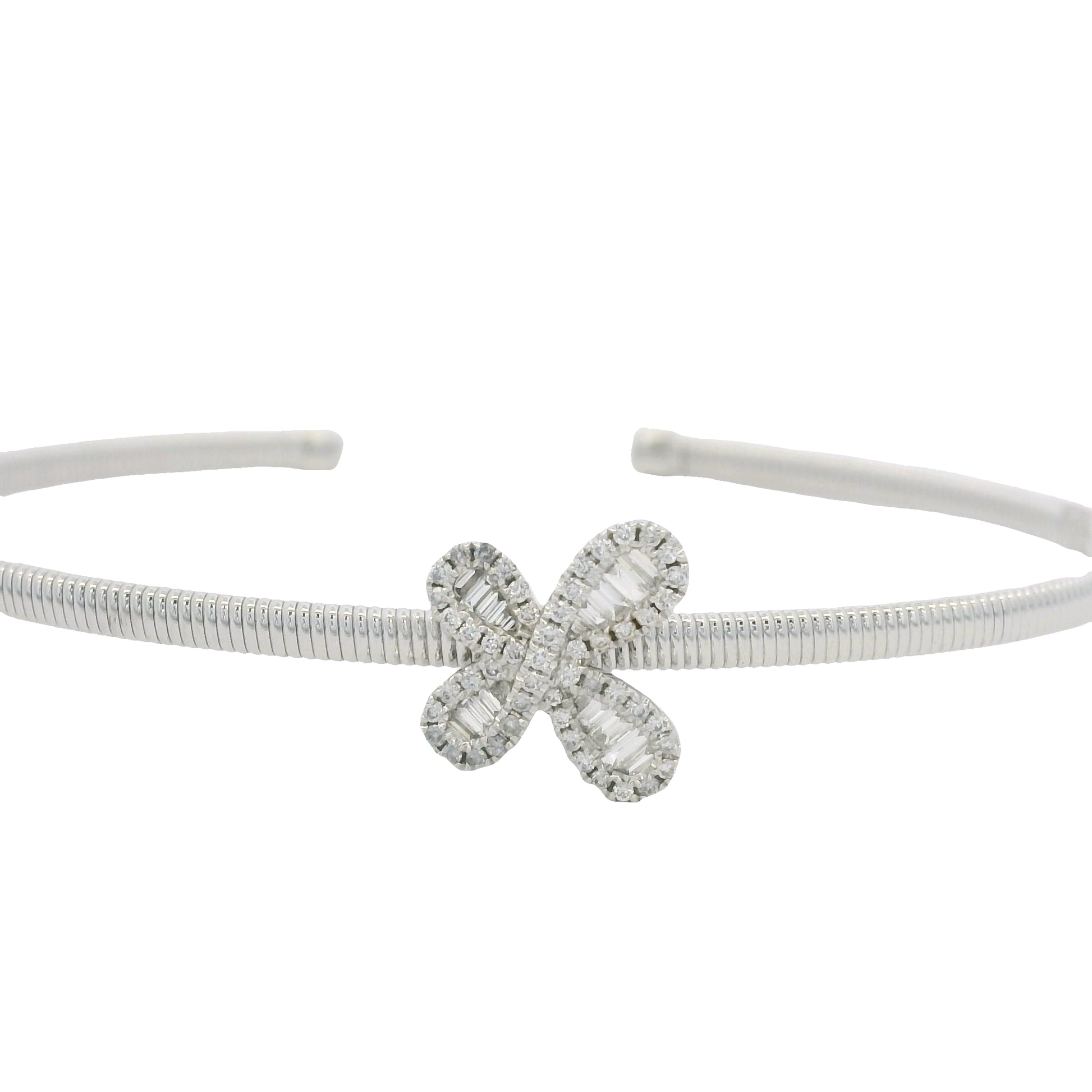 18K White Gold Natural Baguette& Round Diamonds Narrow Flower Cuff Bracelet