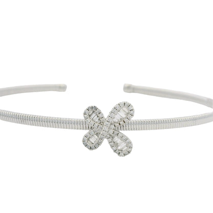 18K White Gold Natural Baguette& Round Diamonds Narrow Flower Cuff Bracelet