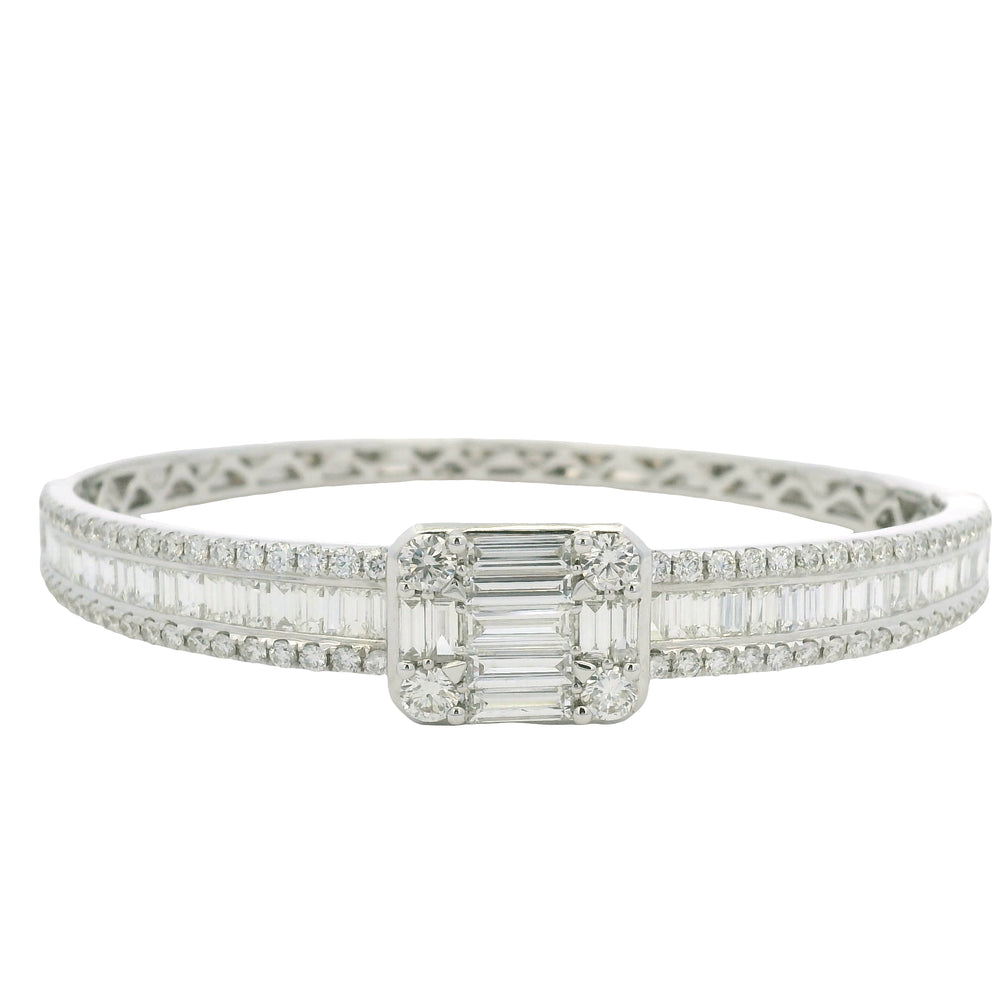 18K White Gold Natural Baguette& Round Diamonds Bangle Bracelet