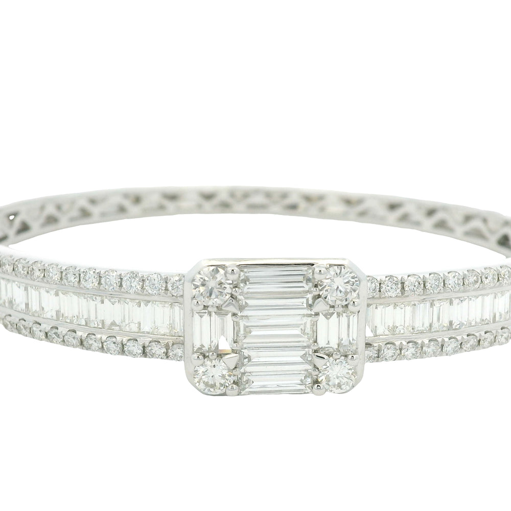 18K White Gold Natural Baguette& Round Diamonds Bangle Bracelet
