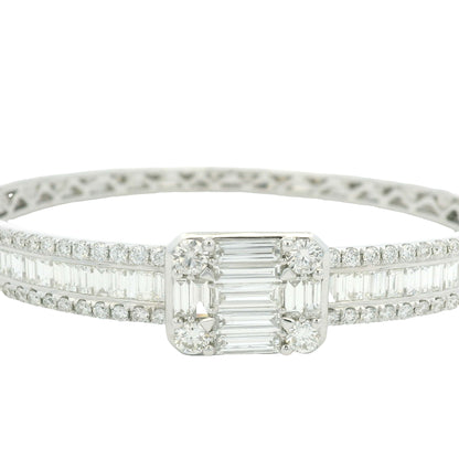 18K White Gold Natural Baguette& Round Diamonds Bangle Bracelet