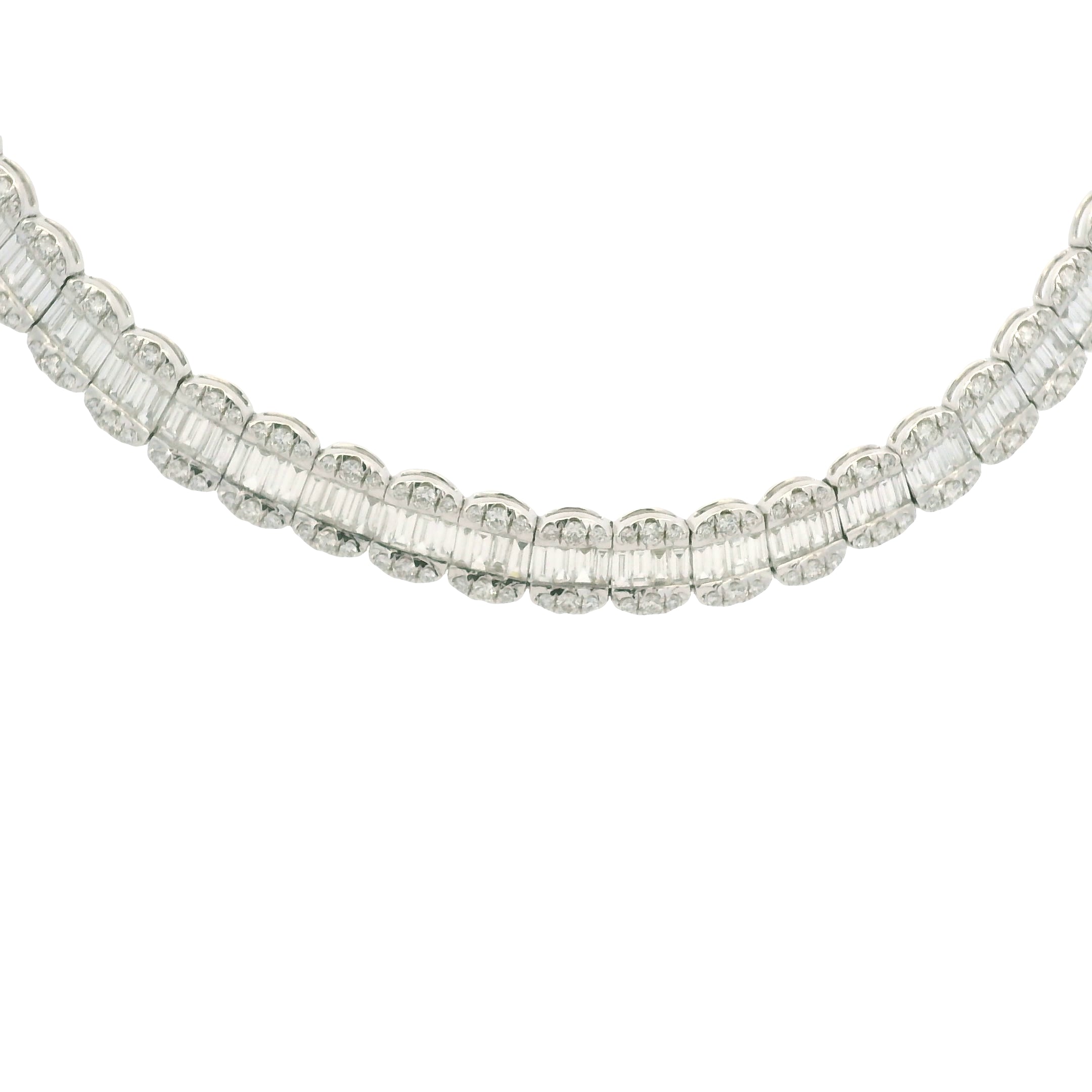 18K White Gold Natural Baguette& Round Cut Diamond 3-Row Necklace