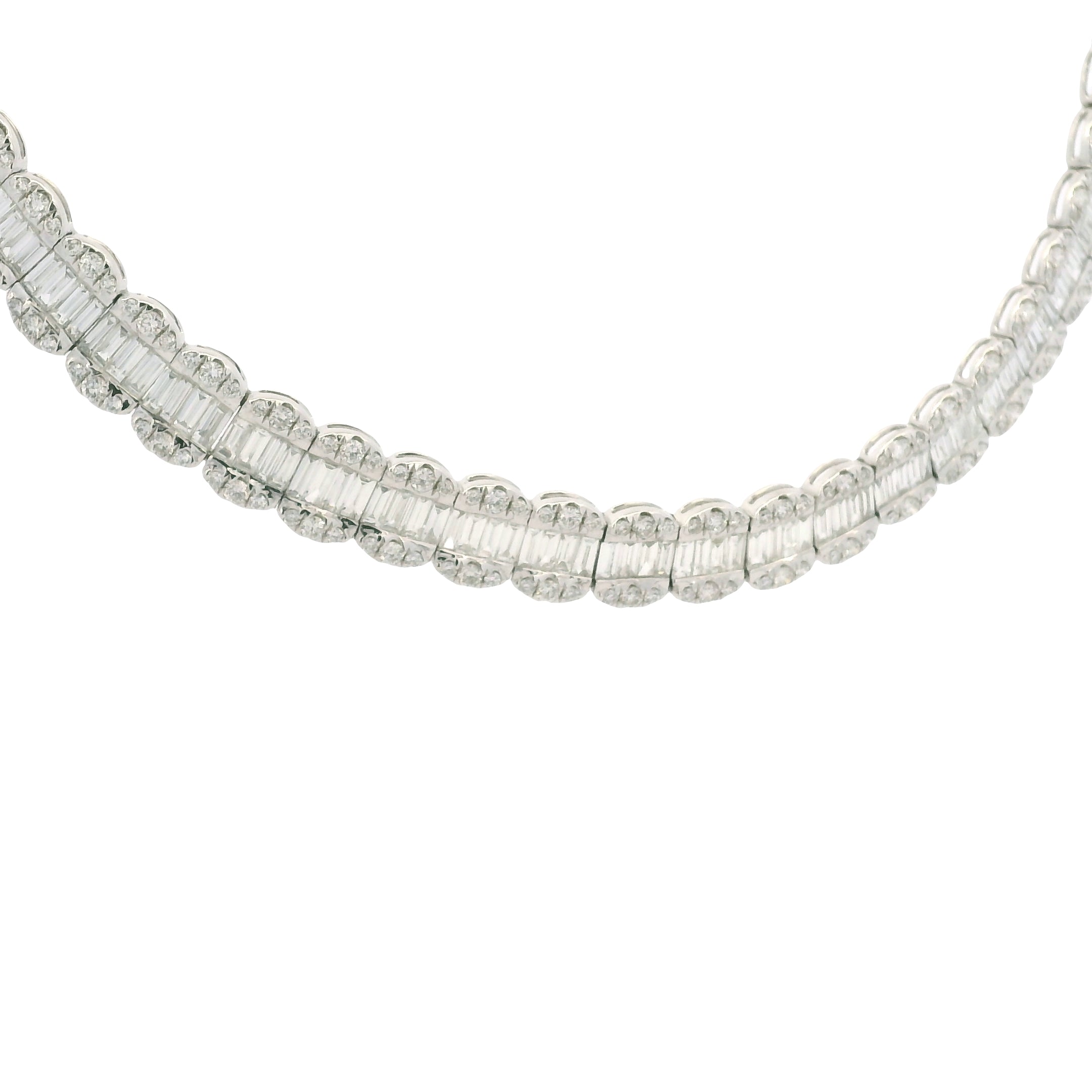 18K White Gold Natural Baguette& Round Cut Diamond 3-Row Necklace