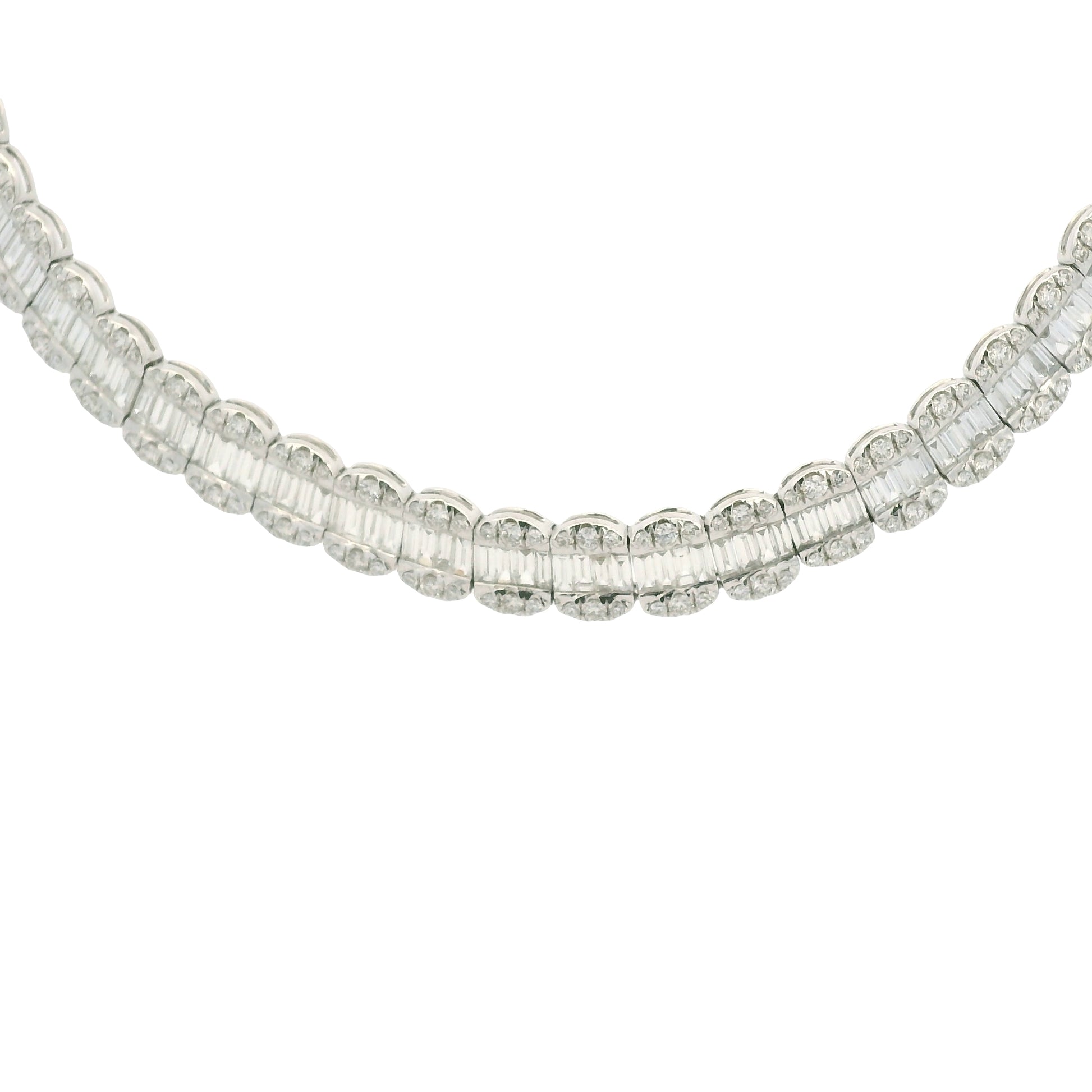 18K White Gold Natural Baguette& Round Cut Diamond 3-Row Necklace