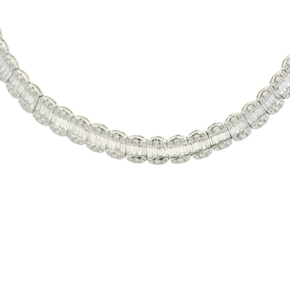 18K White Gold Natural Baguette& Round Cut Diamond 3-Row Necklace