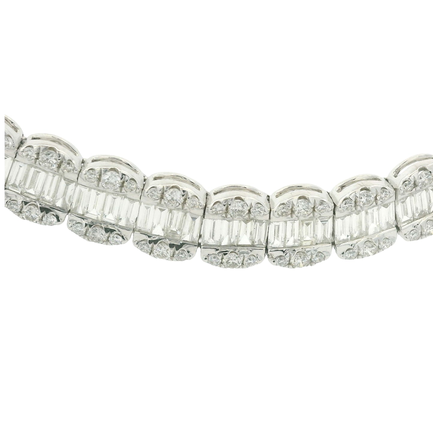 18K White Gold Natural Baguette& Round Cut Diamond 3-Row Necklace
