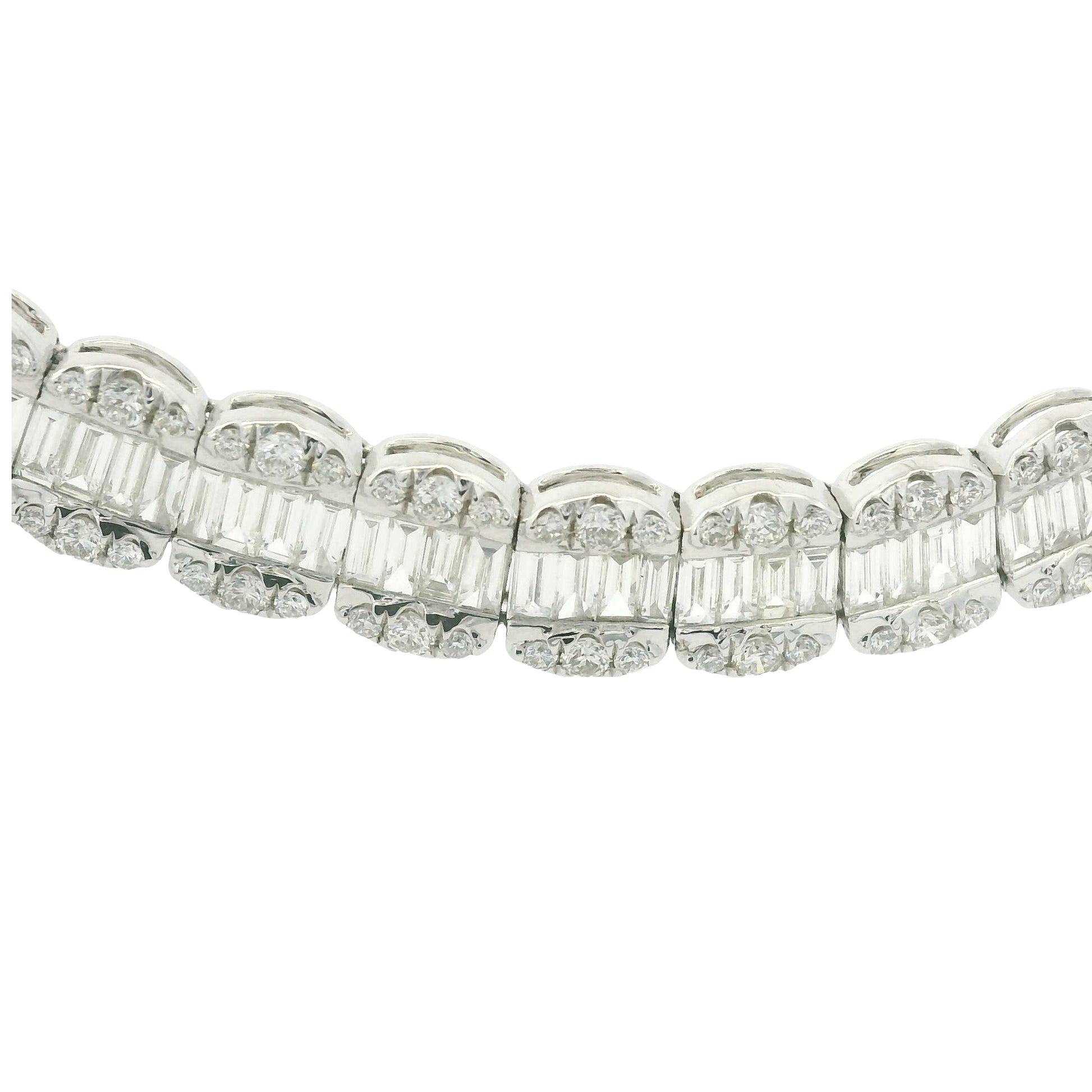 18K White Gold Natural Baguette& Round Cut Diamond 3-Row Necklace