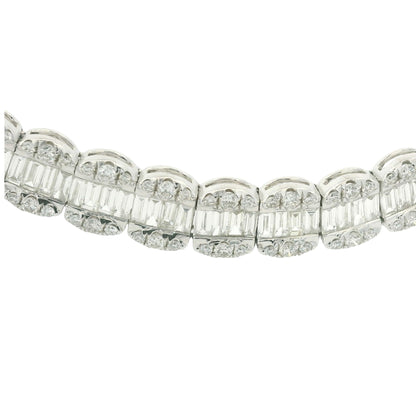 18K White Gold Natural Baguette& Round Cut Diamond 3-Row Necklace
